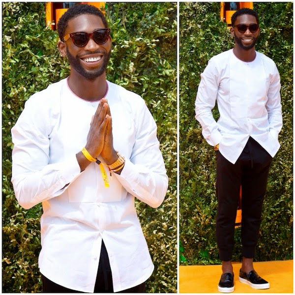 Tinie Tempah in white collarless bib front Dolce Gabbana shirt at Veuve Clicquot Gold Cup Final at Cowdray Park Polo Club on 20th July 2014